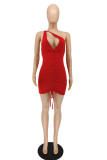 Rode mode sexy effen uitgeholde backless schuine kraag mouwloze jurk