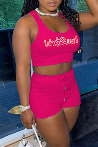 Rose Red Fashion Casual Letter Print Basic U Neck Sleeveless Two Pieces