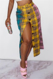 Falda moda casual estampado a cuadros patchwork regular cintura alta amarillo