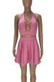 Pink Sexy Solid Hollowed Out Patchwork Backless Halter Sleeveless Two Pieces