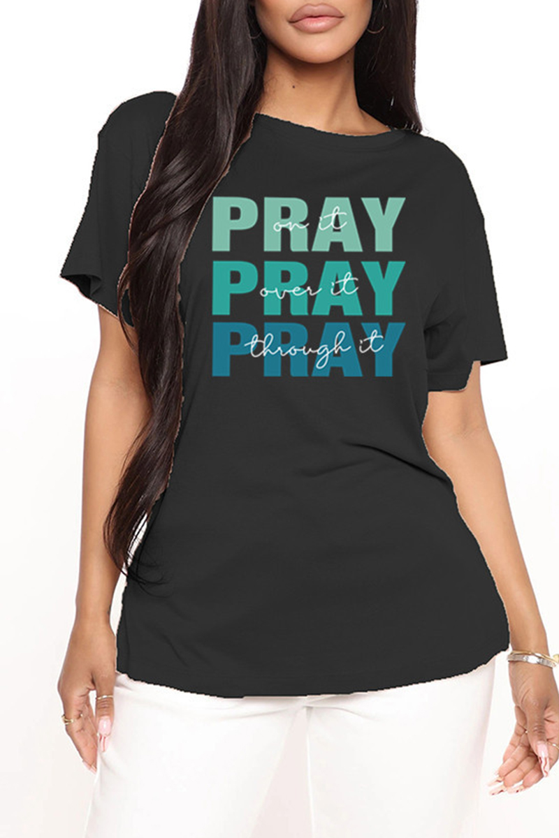 

Black Fashion Casual Letter Print Basic O Neck T-Shirts
