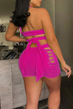 Rose Red Sexy Solid Bandage Hollowed Out Patchwork Backless Halter Two Pieces
