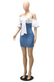 Blå Mode Sexig Casual Solid Bandage Patchwork Rygglös kortärmad klänning