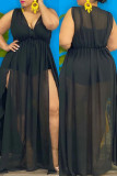 Zwarte mode sexy plus size effen doorzichtige split v-hals mouwloze jurk
