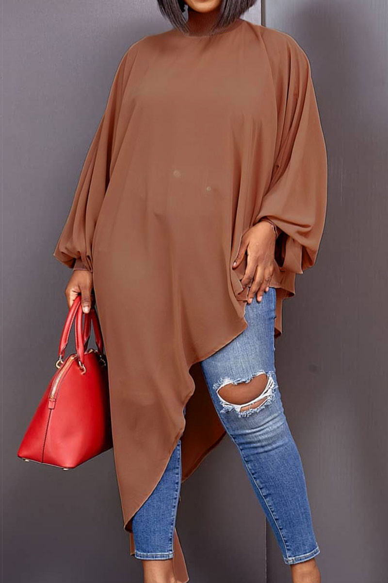 

Brown Casual Solid Split Joint Asymmetrical Turtleneck Dresses