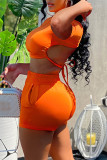 Оранжевый модный повседневный сплошной бинт с открытой спиной и круглым вырезом с коротким рукавом из двух частей