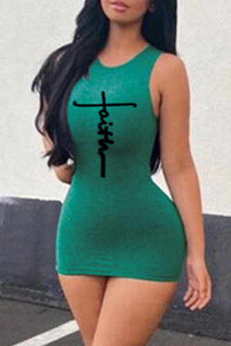 Green Fashion Casual Print Basic O Neck Sleeveless Dress
