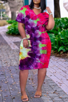 Lila Modedruck-Patchwork-Kleider mit V-Ausschnitt und geradem Schnitt