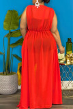Red Fashion Sexy Plus Size Solide, durchsichtiges, ärmelloses Kleid mit V-Ausschnitt