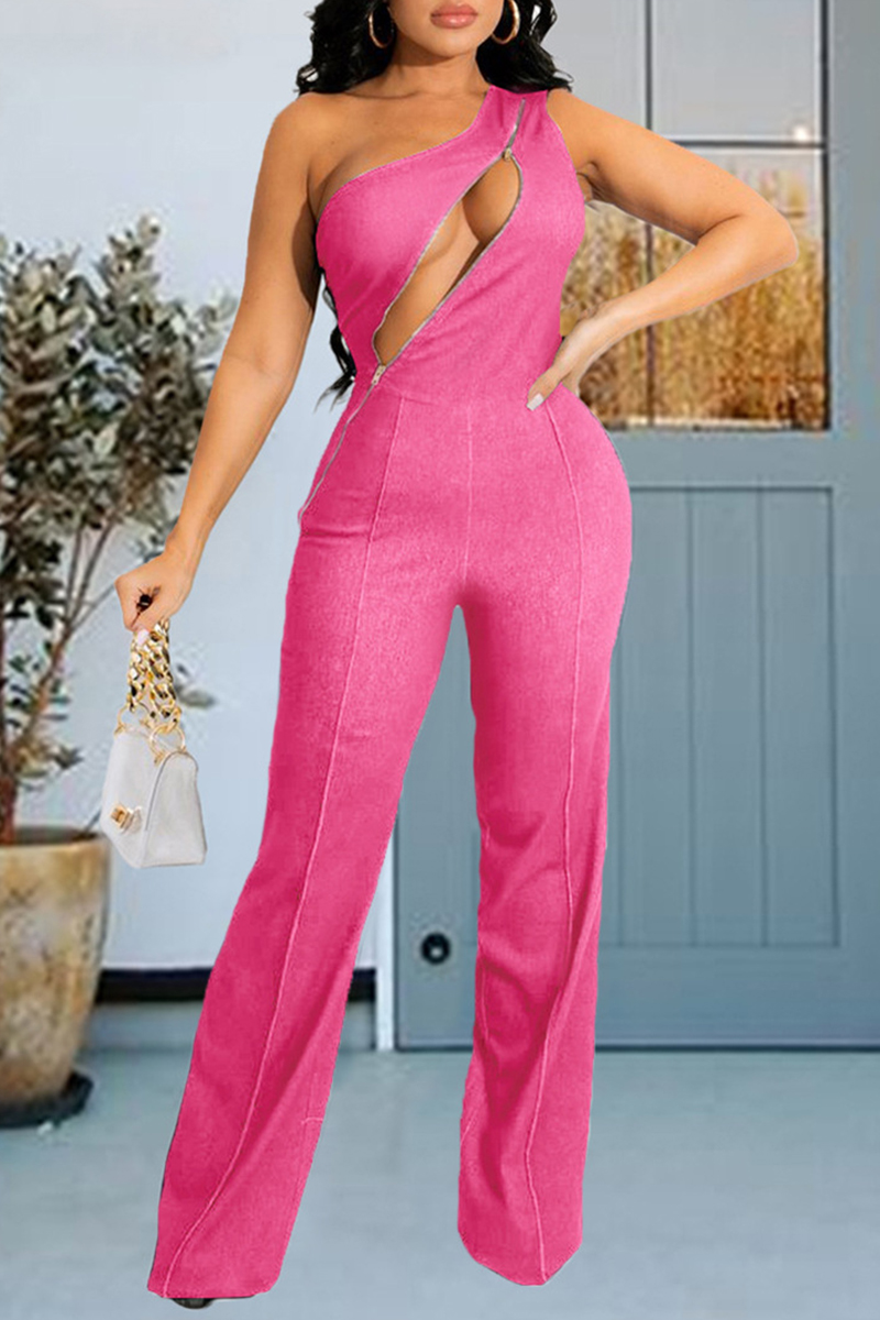 

Pink Fashion Casual Solid Hollowed Out Split Joint Zipper Oblique Collar Regular Jumpsuits