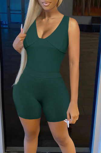 Ink Green Fashion Solid Patchwork U Neck Sleeveless Two Pieces