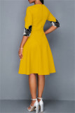 Yellow Fashion Casual Print Basic O Neck Dresses