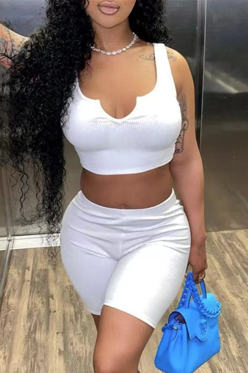 

White Fashion Casual Solid Basic V Neck Sleeveless Two Pieces