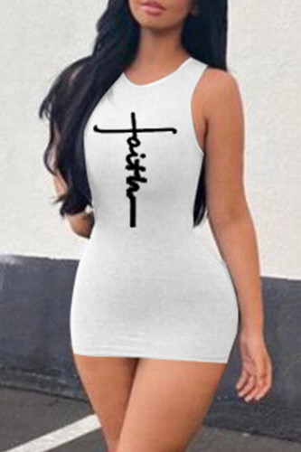 White Fashion Casual Print Basic O Neck Sleeveless Dress