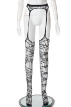 Pantalones de retazos de lápiz de cintura alta regulares transparentes de retazos sólidos negros plateados