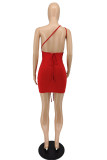 Красное модное сексуальное однотонное платье без рукавов с открытой спиной и косым воротником