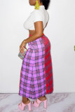 Falda moda casual estampado a cuadros patchwork regular cintura alta rojo