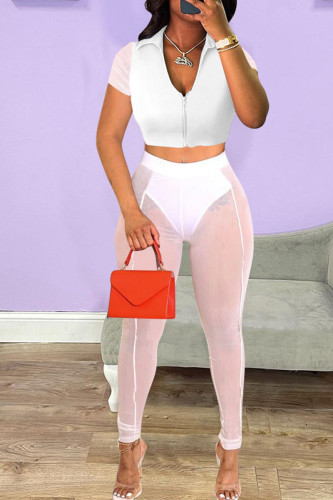 White Sexy Solid Patchwork Zipper Turndown Collar Short Sleeve Two Pieces