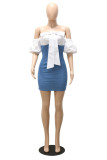 Blue Fashion Sexy Casual Solid Bandage Patchwork Backless Short Sleeve Dress
