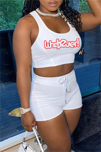 White Fashion Casual Letter Print Basic U Neck Sleeveless Two Pieces