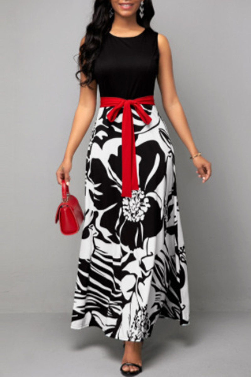 

Black Fashion Casual Print Split Joint With Belt O Neck Sleeveless Dress