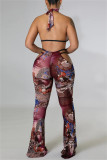 Multicolor Fashion Sexy Print Bandage Backless Halfter Sleeveless Dreiteiliges Set