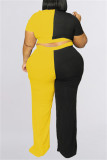 Yellow Black Fashion Casual Solid Patchwork Half A Turtleneck Plus Size Two Pieces