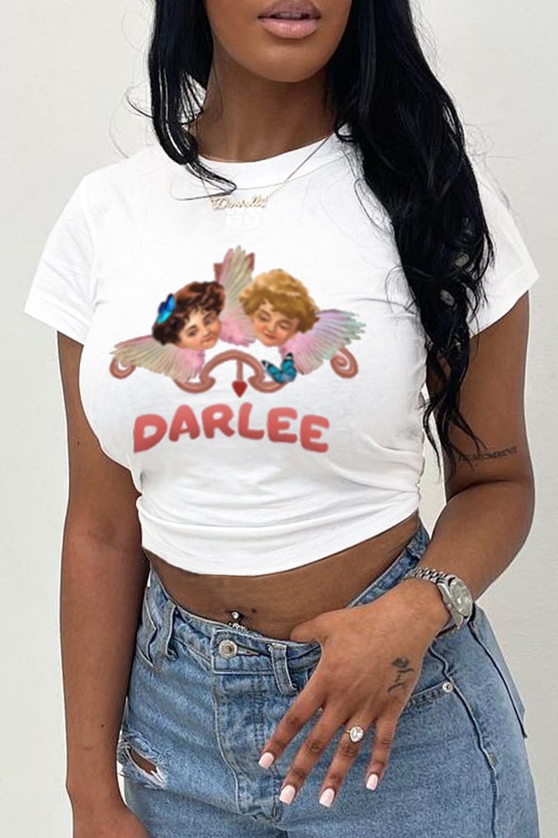 White Fashion Casual Print Basic O Neck T-Shirts