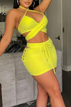 Yellow Sexy Solid Bandage Hollowed Out Patchwork Backless Halter Two Pieces