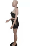 Black Sexy Solid Bandage Hollowed Out Patchwork Backless Halter Two Pieces