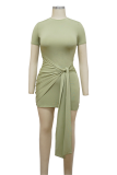 Light Green Fashion Solid Bandage O Neck Pencil Skirt Dresses