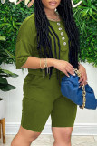 Армейский зеленый модный повседневный сплошной пуговицы с круглым вырезом с коротким рукавом из двух частей