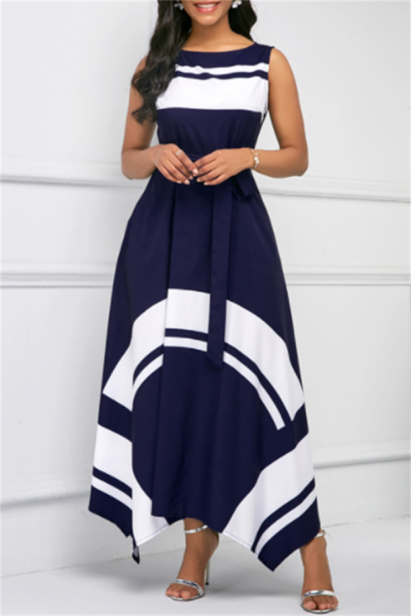 Navy Fashion Casual Print asymmetrisches ärmelloses Kleid mit O-Ausschnitt