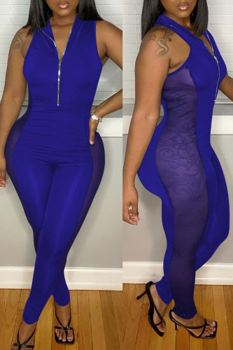 Blue Sexy Casual Solid Split Joint See-through Zipper Collar Skinny Jumpsuits