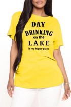 Yellow Plus Size Casual Letter Print Basic O Neck T-Shirts
