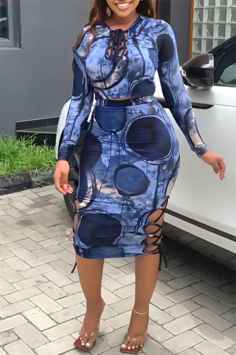 Purple Fashion Casual Print Bandage O Neck Long Sleeve Two Pieces