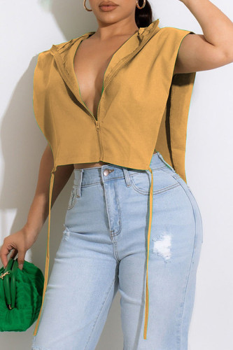 Khaki Fashion Casual Solid Bandage Spaghetti Strap Tops