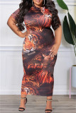 Tiger Pattern Fashion Casual Print Basic Half A Turtleneck Short Sleeve Dress Robes de grande taille