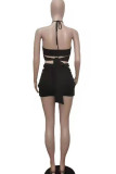 Black Sexy Solid Bandage Hollowed Out Patchwork Backless Halter Two Pieces
