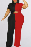 Red Black Fashion Casual Solid Patchwork Half A Turtleneck Plus Size Two Pieces