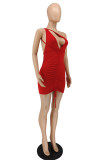 Rode mode sexy effen uitgeholde backless schuine kraag mouwloze jurk