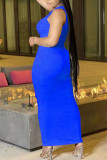Синие сексуальные сплошные выдолбленные лоскутные платья с круглым вырезом и юбкой в ​​один шаг