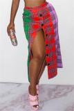 Falda moda casual estampado a cuadros patchwork regular cintura alta rojo