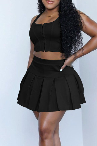 Black Sexy Solid Split Joint U Neck Sleeveless Two Pieces