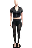 Black Sexy Solid Patchwork Zipper Turndown Collar Short Sleeve Two Pieces