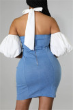 Blue Fashion Sexy Casual Solid Bandage Patchwork Backless Short Sleeve Dress