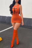 オレンジファッションカジュアルプリントベーシックOネックノースリーブワンピース
