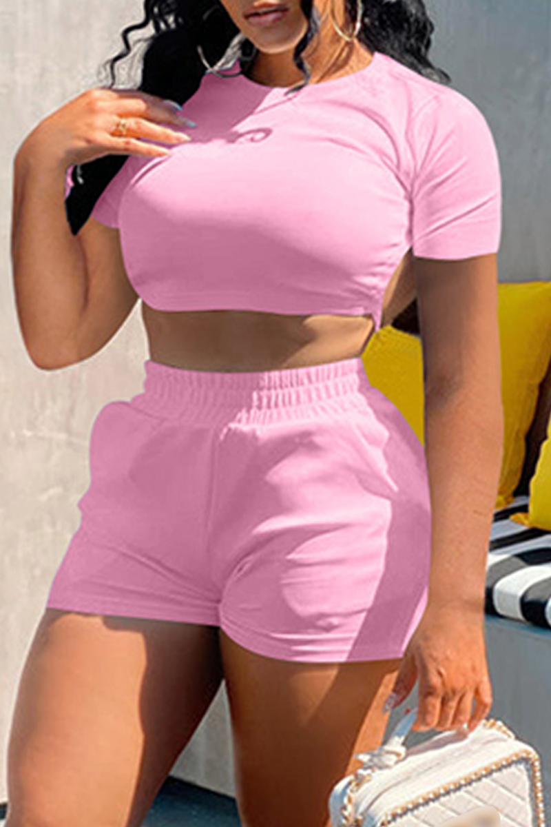 

Pink Fashion Casual Solid Bandage Backless O Neck Short Sleeve Two Pieces