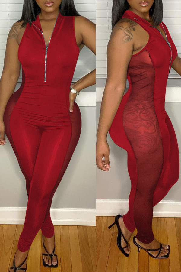 Tute skinny con colletto trasparente con cerniera patchwork solido casual rosso sexy