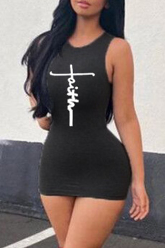 Black Fashion Casual Print Basic O Neck Sleeveless Dress